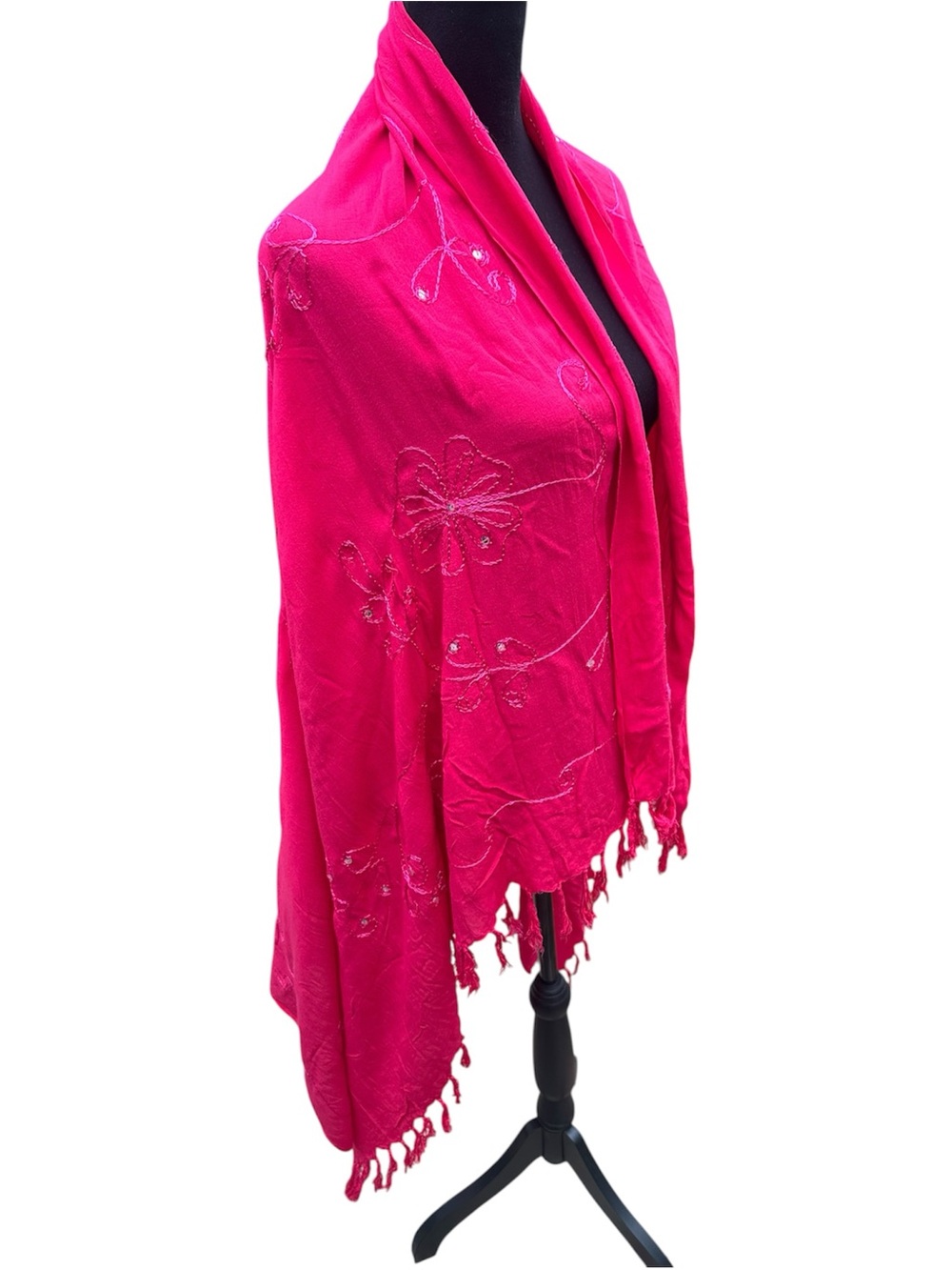 Bright Pink Sequin Floral Embroidered Wrap Fringe Hem Colorful Boho 60”x43”
